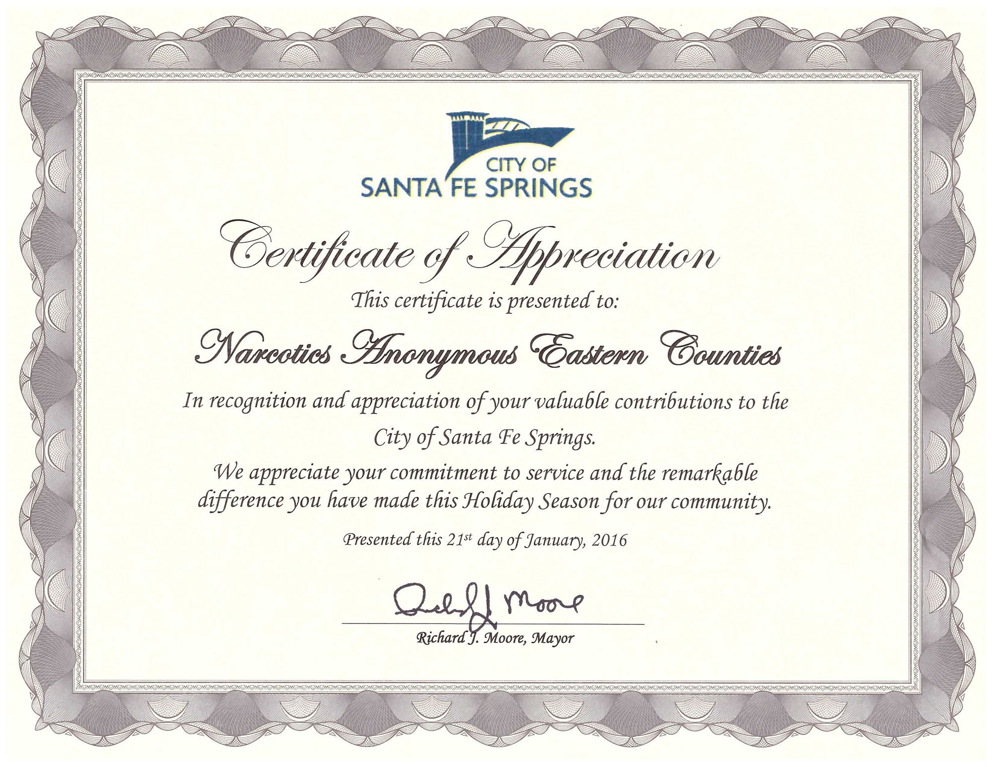 Certificate of Appreciation from the City of Santa Fe Springs